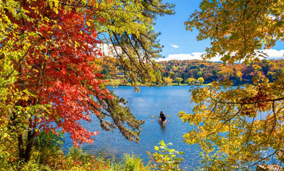 canoe on lake through autumn leaves